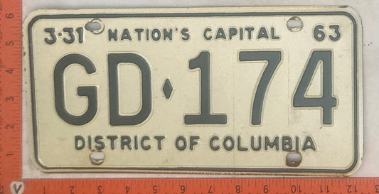 1963 Washington, DC #GD-174 Passenger License Plate