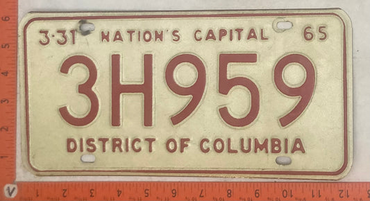 1965 Washington, DC #3H959 Passenger License Plate