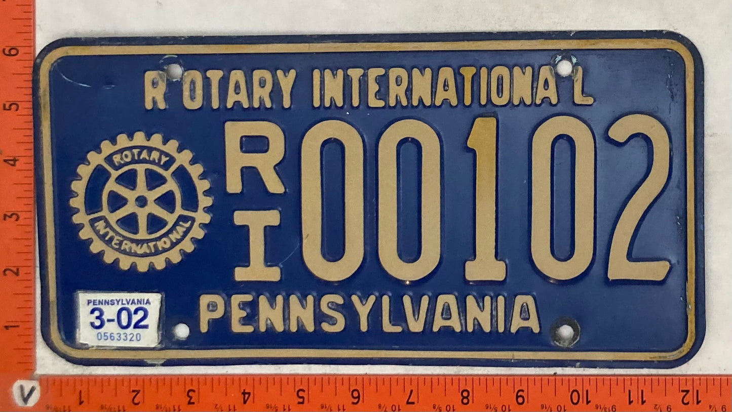 2002 Pennsylvania #R/I 00102 Passenger License Plate