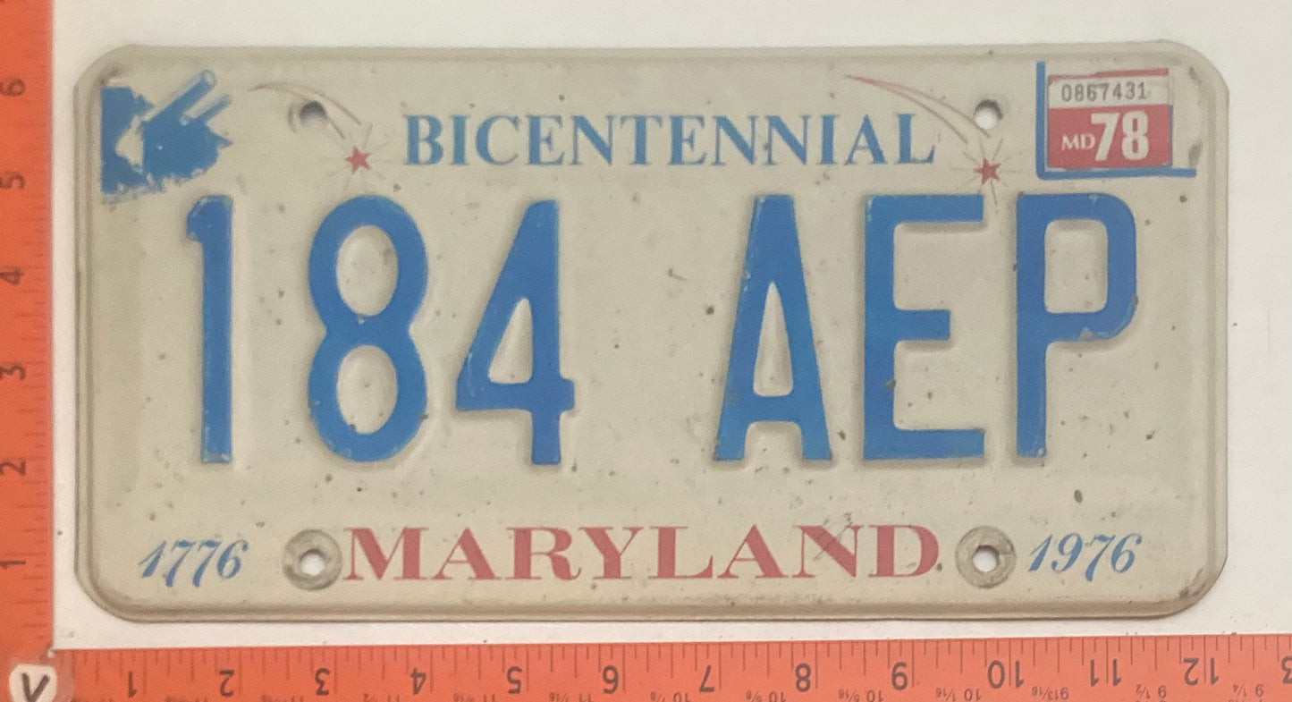 1978 Maryland #184 AEP Passenger Bicentennial License Plate