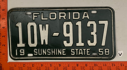 1958 Florida #10W-9137 Passenger License Plate