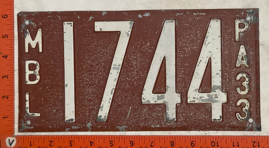 1933 Pennsylvania #1744 Motorboat License Plate