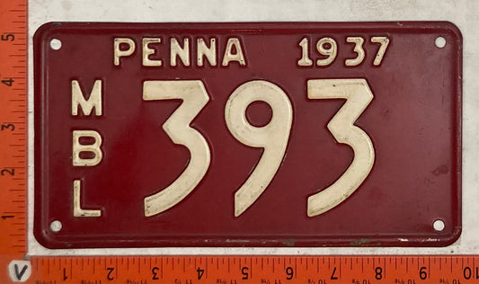 1937 Pennsylvania #393 Motorboat License Plate