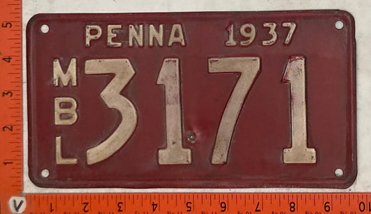 1937 Pennsylvania #3171 Motorboat License Plate
