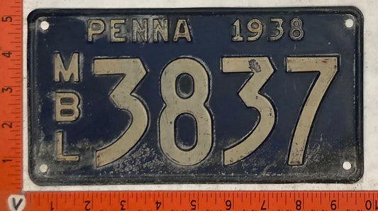 1938 Pennsylvania #3837 Motorboat License Plate
