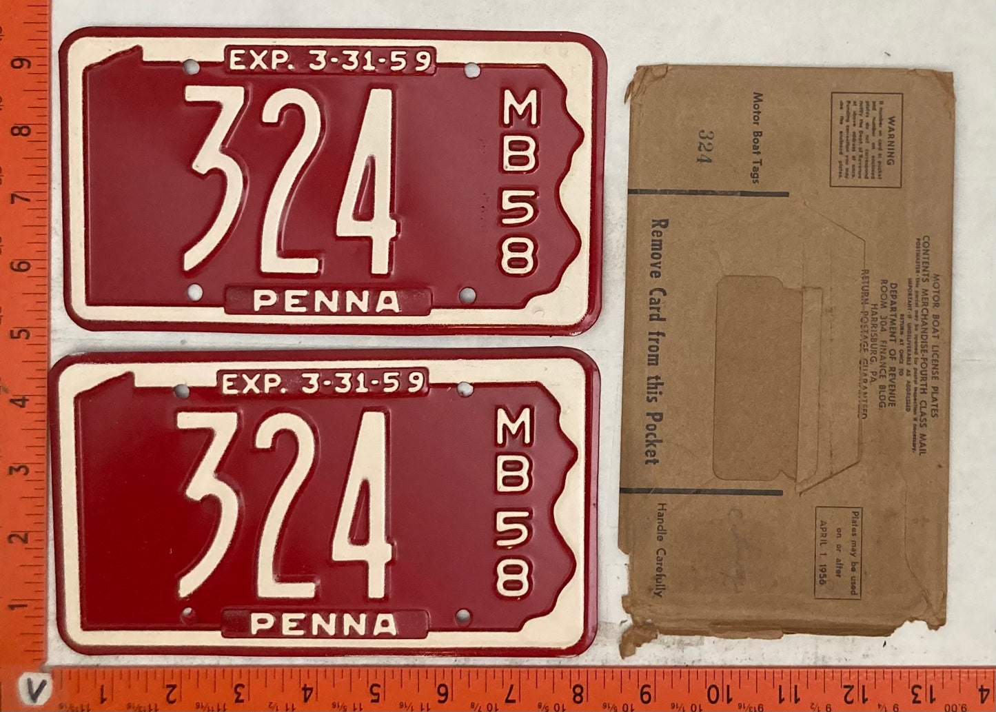 1958 Pennsylvania #324 Motorboat License Plate (Pair with Envelope)