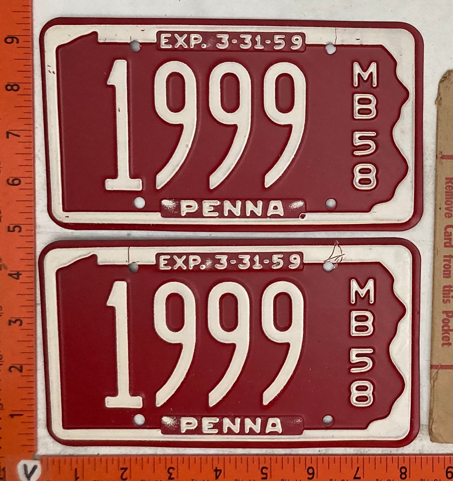 1958 Pennsylvania #1999 Motorboat License Plate (Pair with Envelope & Rules & Regulations)