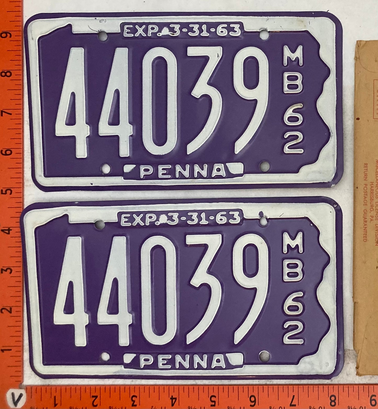 1962 Pennsylvania #44039 Motorboat License Plate (Pair with Envelope & Rules & Regulations Book)