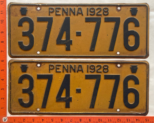 1928 Pennsylvania #374-776 Passenger License Plate (Pair)