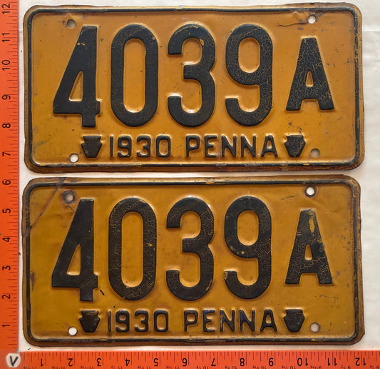 1930 Pennsylvania #4039A Passenger License Plate (Pair)