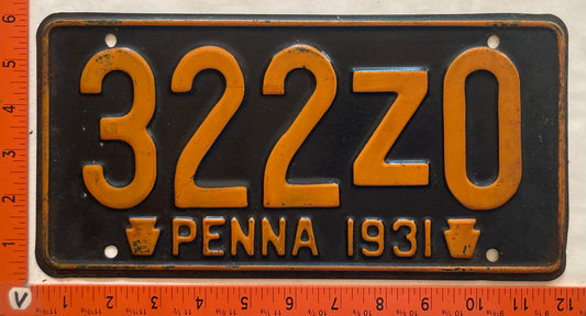 1931 Pennsylvania #322Z0 Passenger License Plate