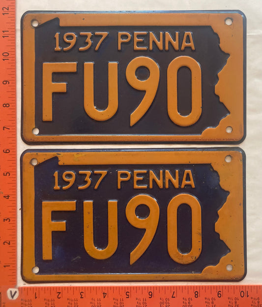 1937 Pennsylvania #FU90 Passenger License Plate (Pair)