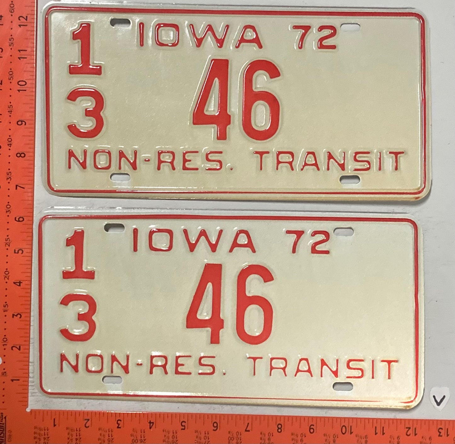 1972 Iowa #1/3 46 Non-Resident Transit License Plate (Pair)