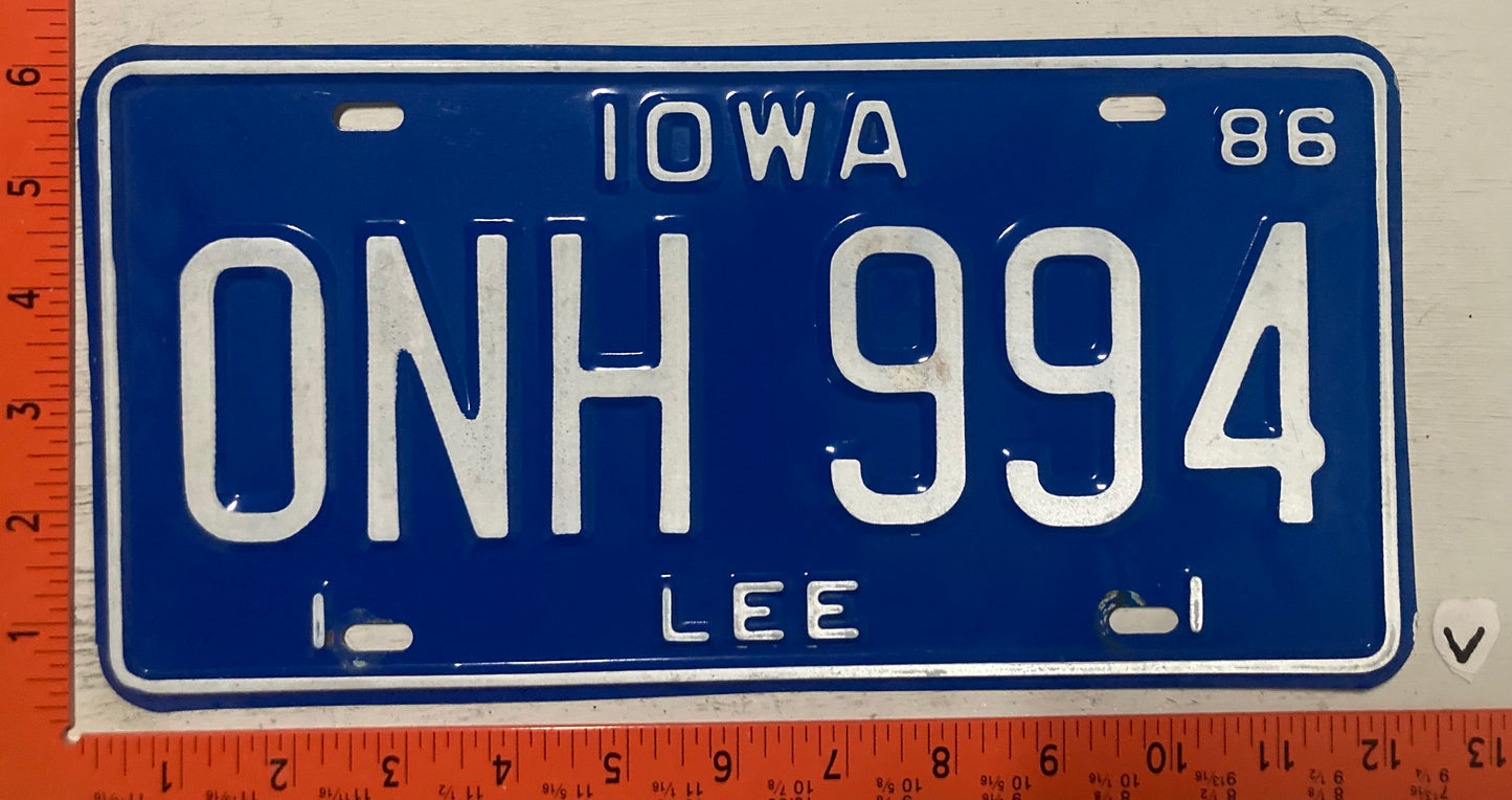 1986 Iowa #ONH 994 Passenger License Plate