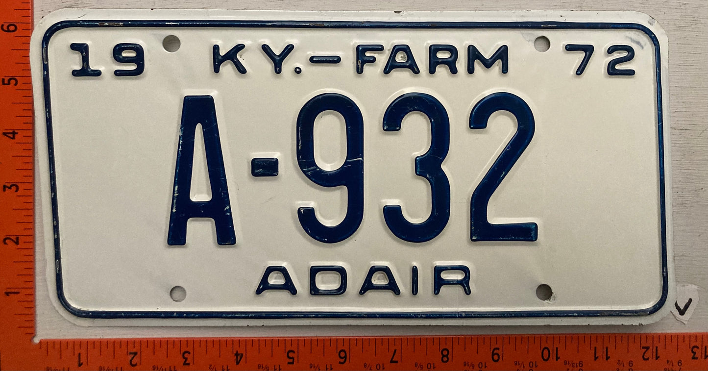 1972 Kentucky #A-932 Farm License Plate