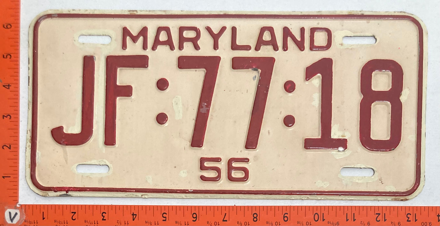 1956 Maryland #JF:77:18 Passenger License Plate