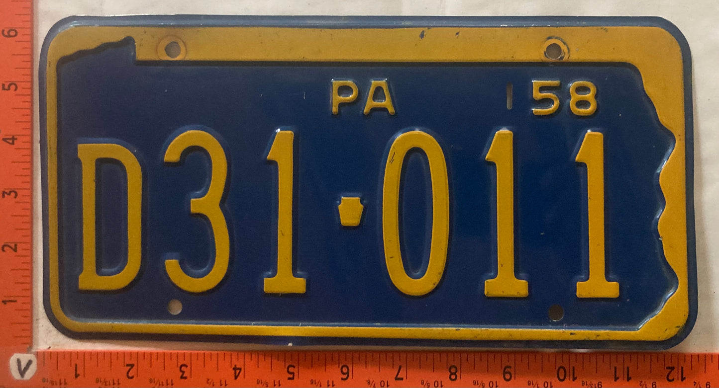 1958 Pennsylvania #D31-011 Passenger License Plate