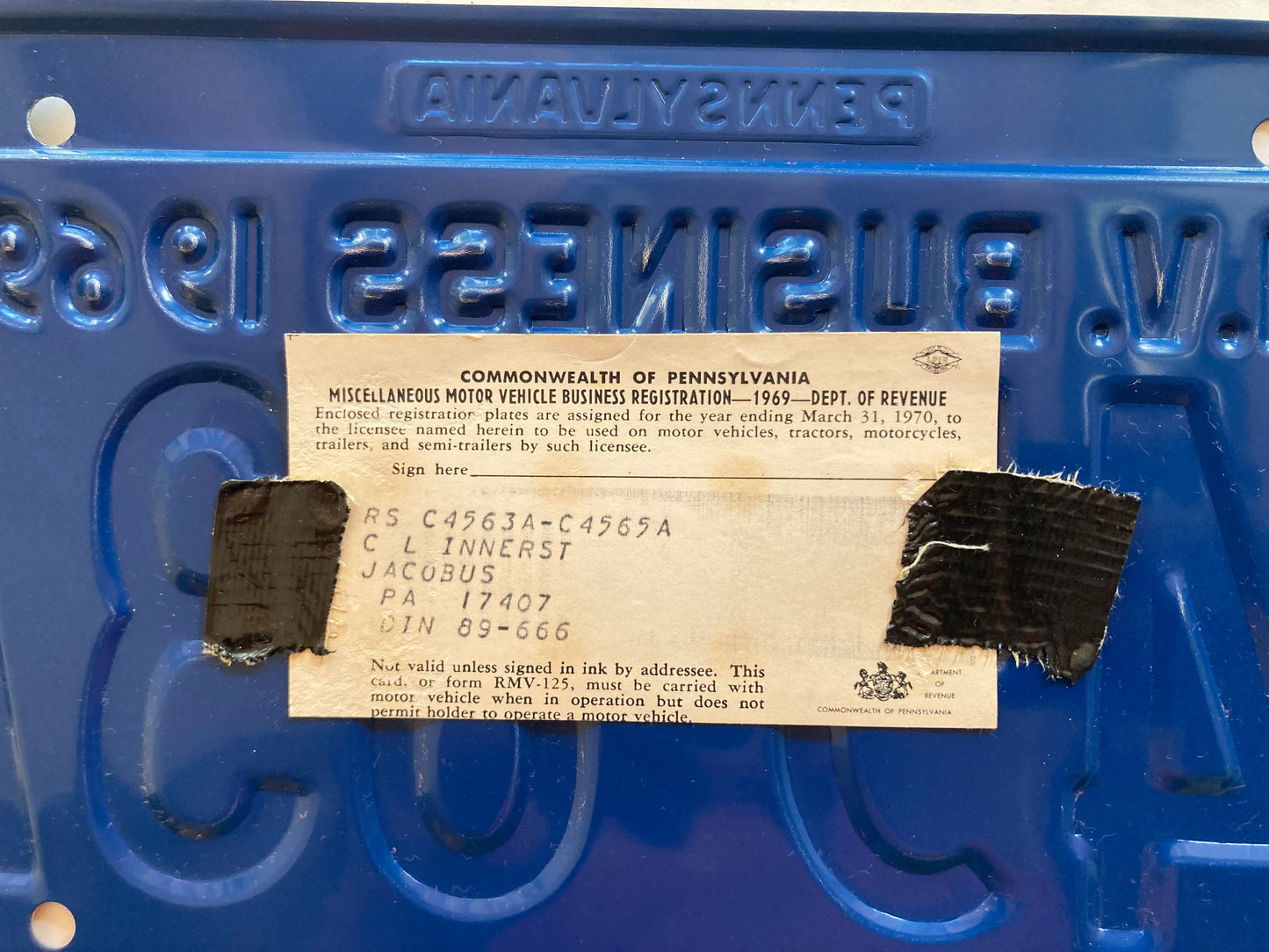 1969 Pennsylvania #C45-63A M.V. Business License Plate (with Registration)