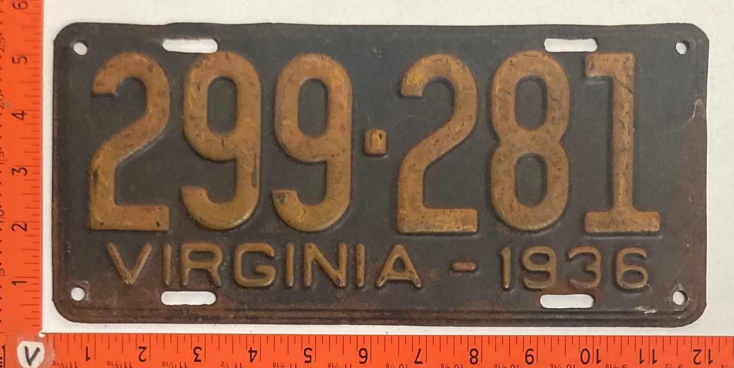 1936 Virginia #299-281 Passenger License Plate