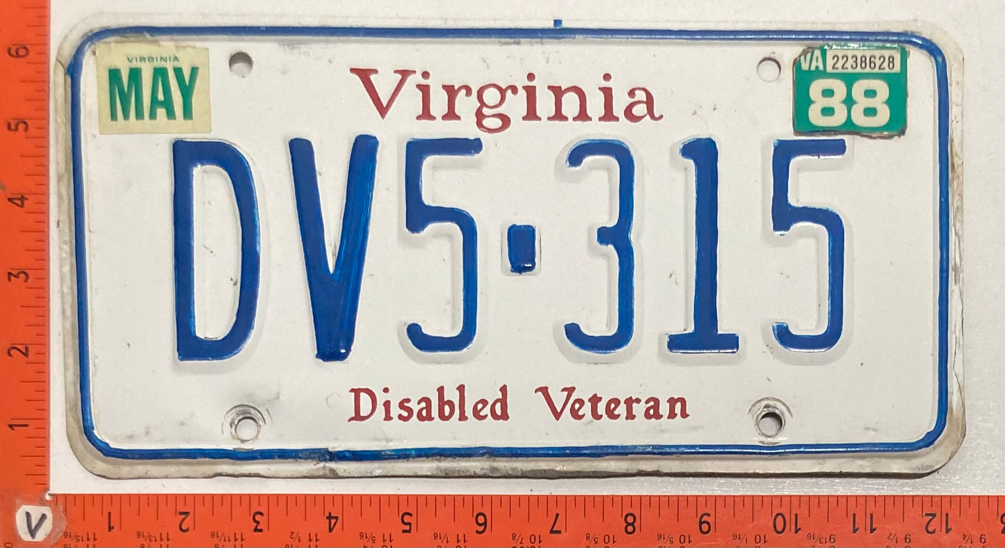 1988 Virginia #DV4-315 Disabled Veteran License Plate