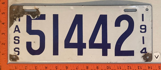 1914 Massachusetts #51442 Passenger License Plate (Porcelain)