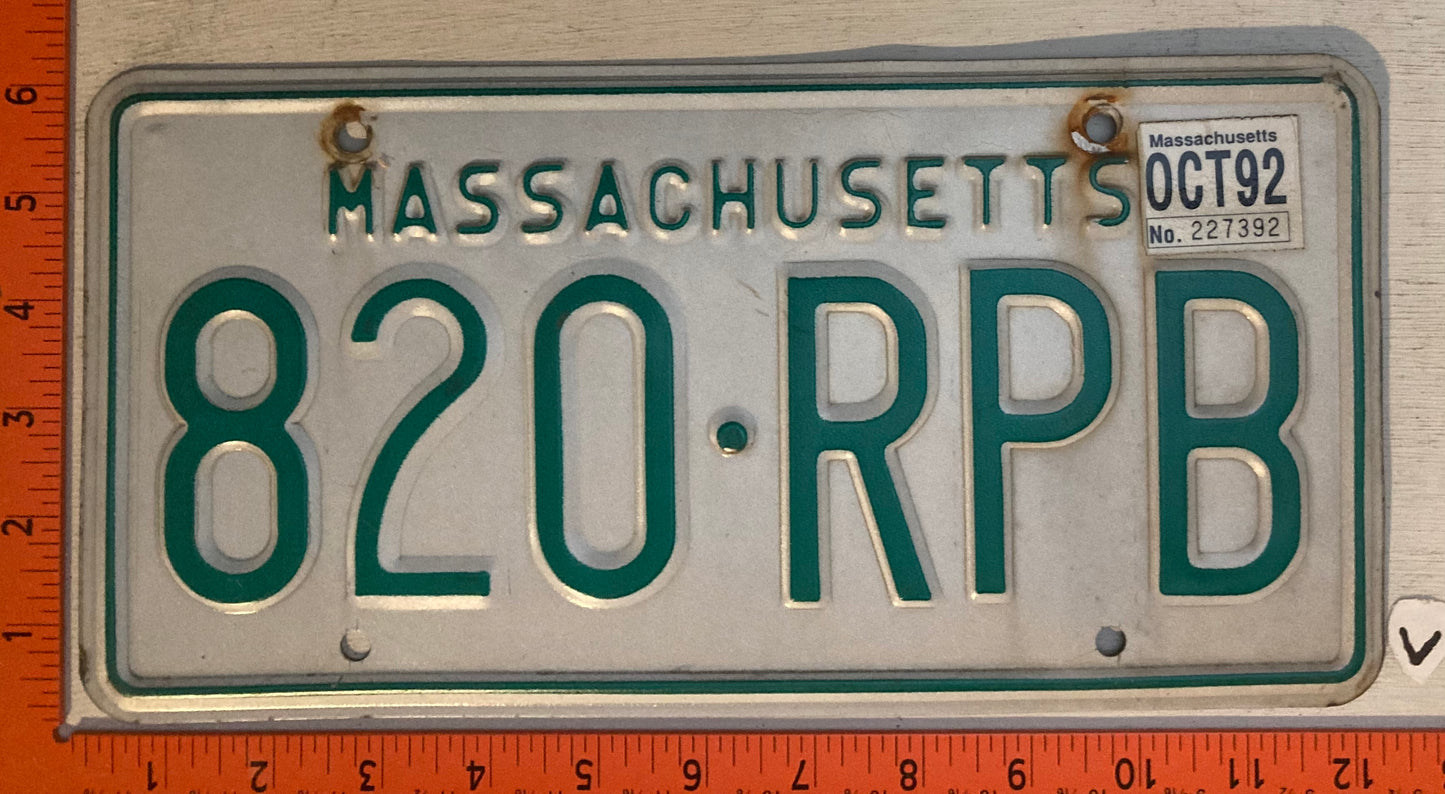 1992 Massachusetts #820-RPB Passenger License Plate