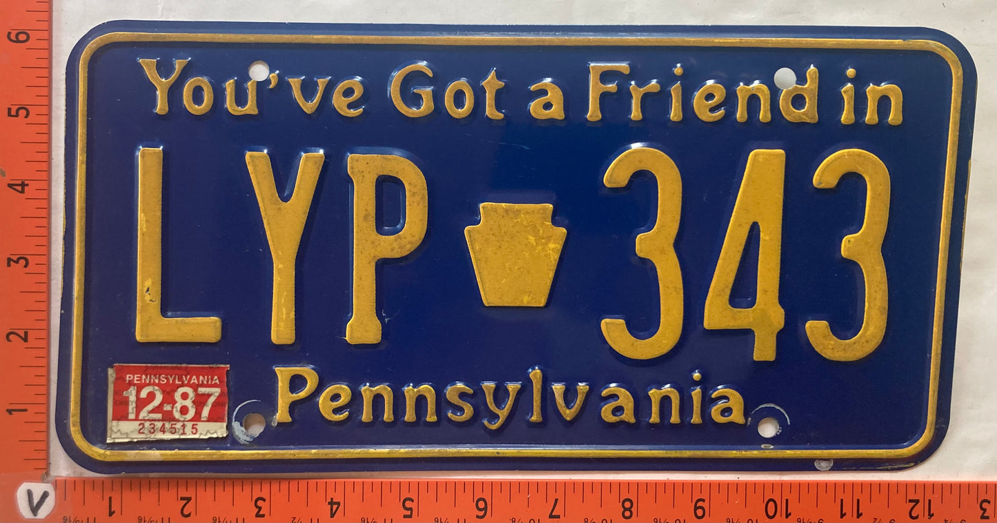 1987 Pennsylvania #LYP 343 Passenger License Plate