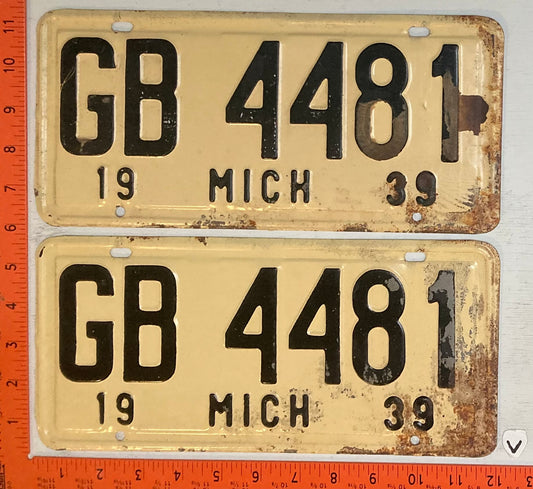 1939 Michigan #GB 4481 Passenger License Plate (Pair)