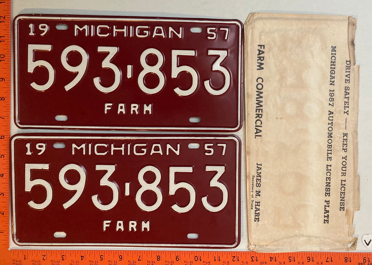1957 Michigan #593-853 Farm License Plate (Pair)