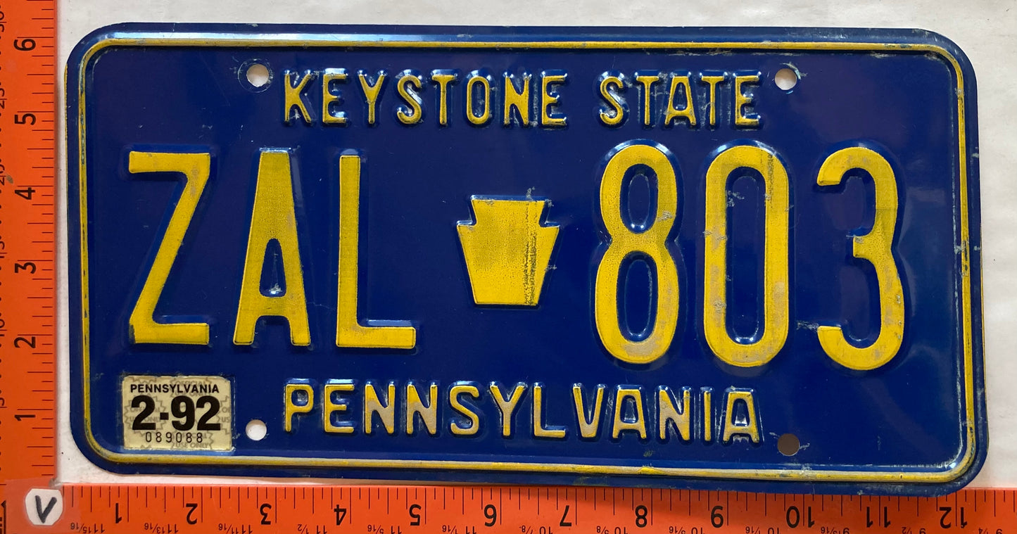 1992 Pennsylvania #ZAL 803 Passenger License Plate