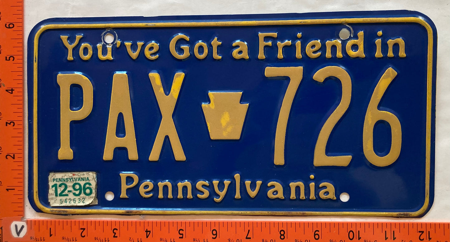 1996 Pennsylvania #PAX 726 Passenger License Plate