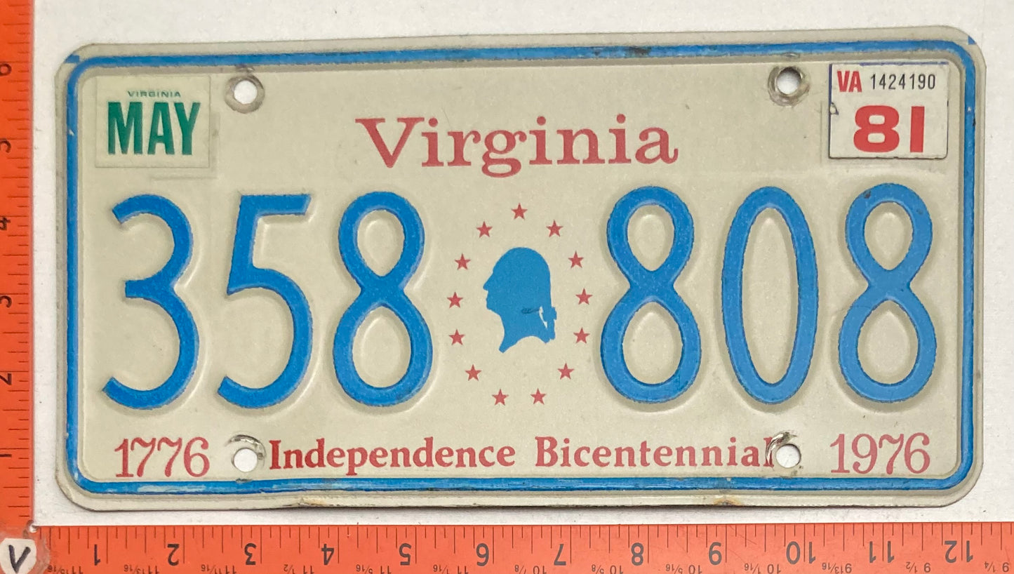 1981 Virginia #358 808 Passenger License Plate BICENTENNIAL