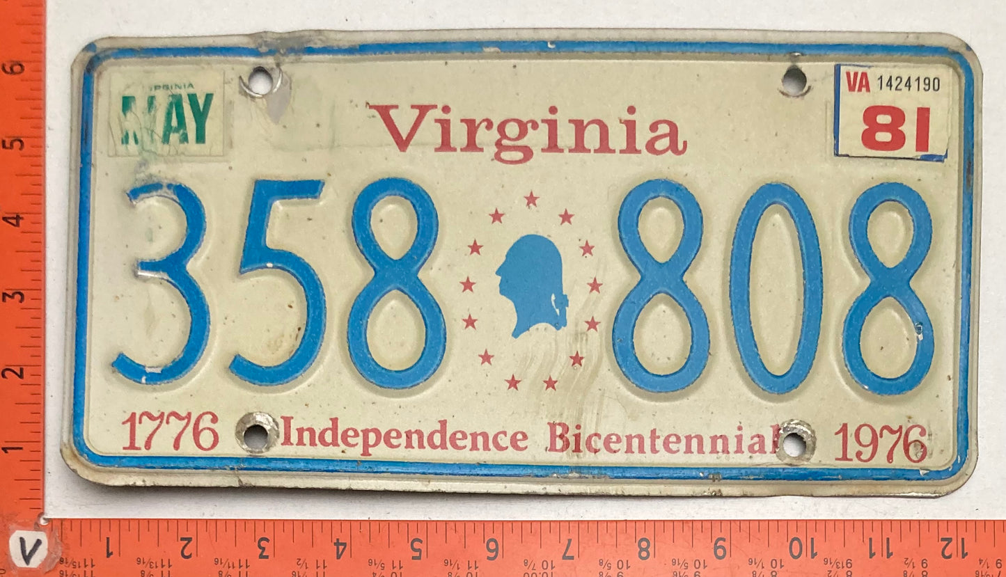 1981 Virginia #358 808 Passenger License Plate BICENTENNIAL