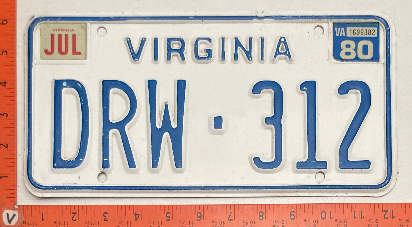 1980 Virginia #DRW-312 Passenger License Plate