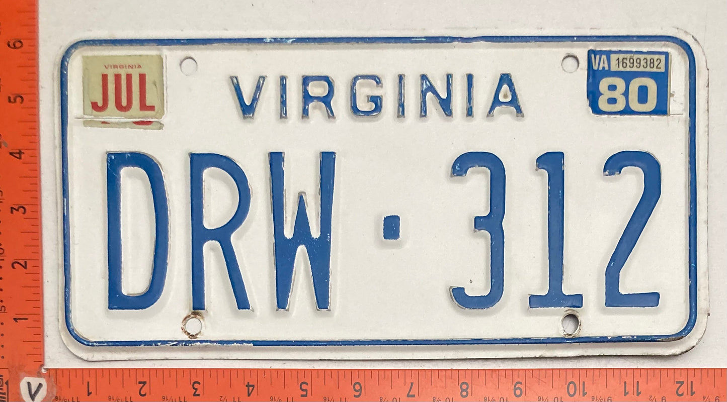 1980 Virginia #DRW-312 Passenger License Plate