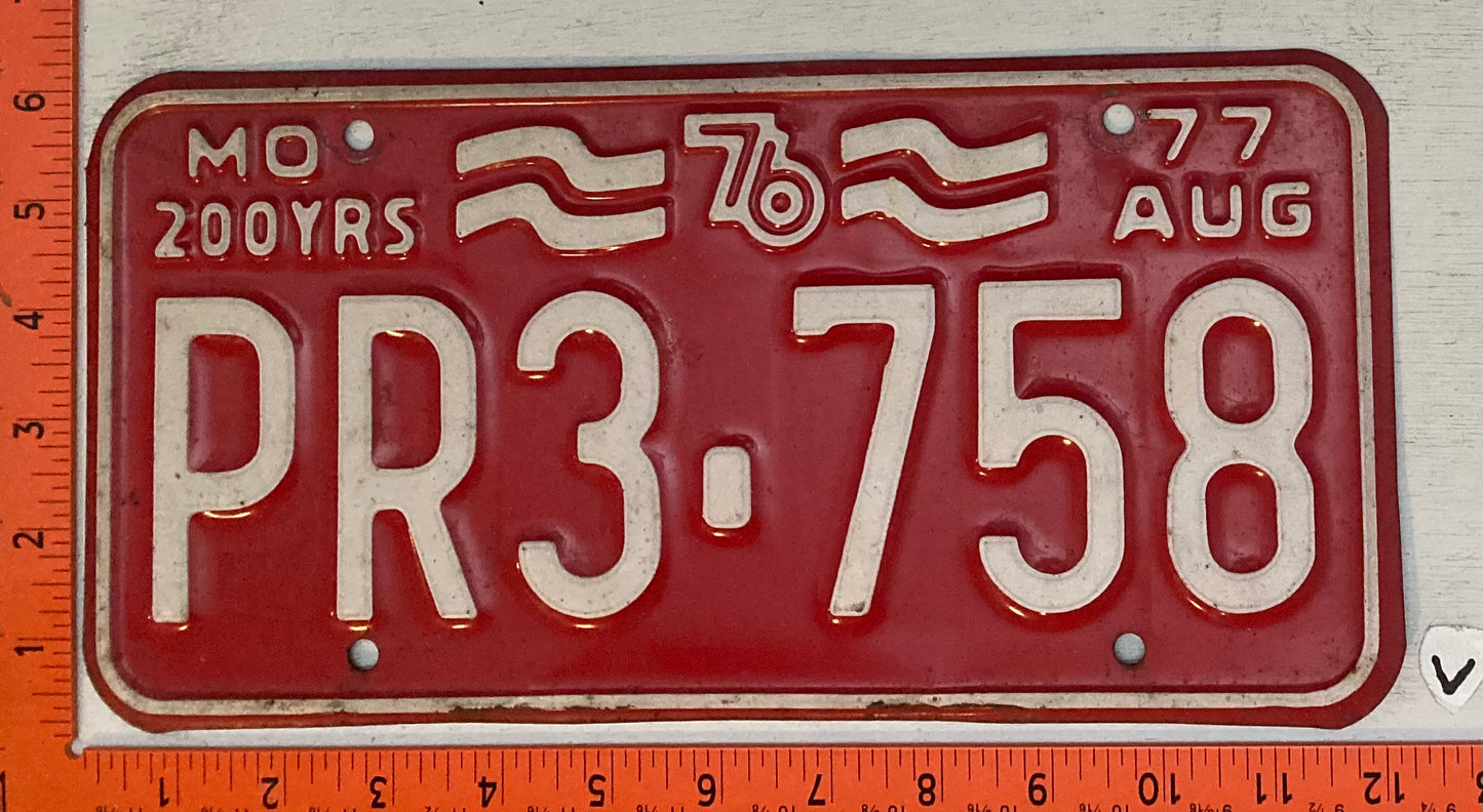 1977 Missouri #PR3-758 Passenger License Plate