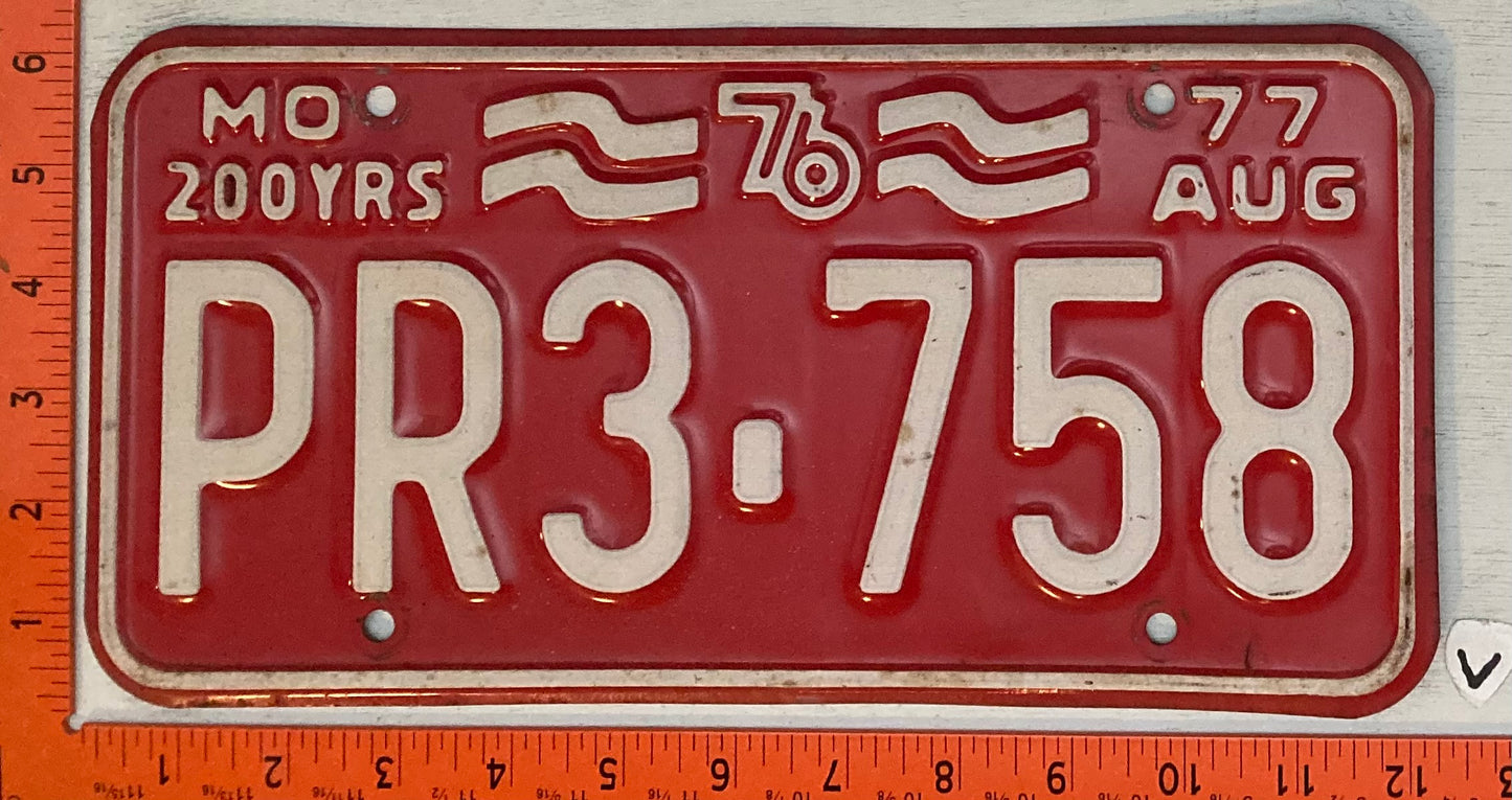 1977 Missouri #PR3-758 Passenger License Plate