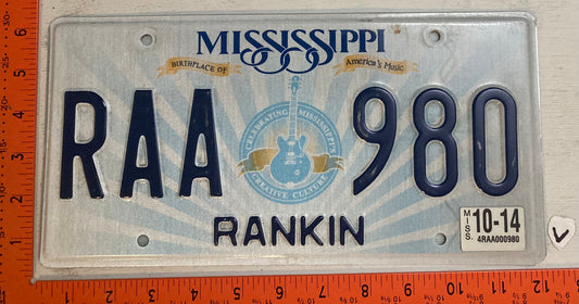 2014 Mississippi #RAA 980 Passenger License Plate