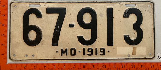 1919 Maryland #67-913 Passenger License Plate