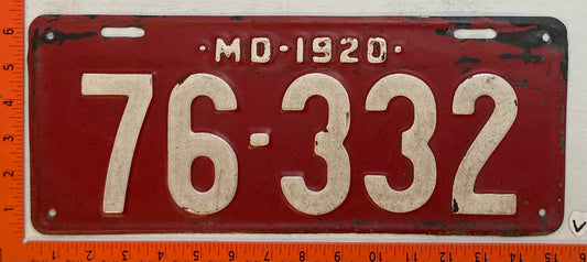 1920 Maryland #76-332 Passenger License Plate