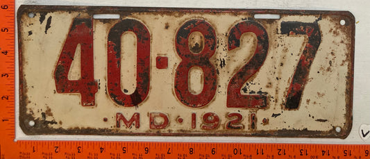 1921 Maryland #40-827 Passenger License Plate