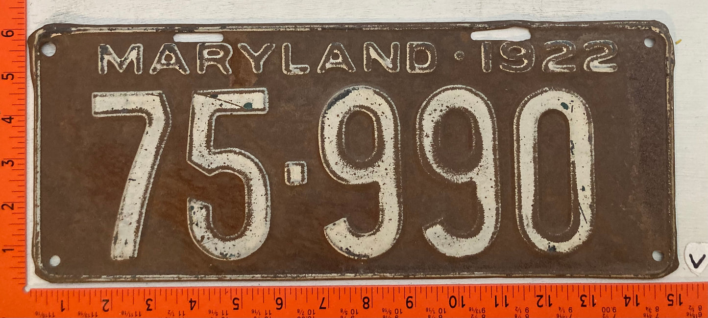 1922 Maryland #75-990 Passenger License Plate