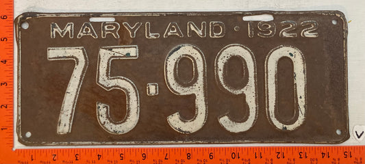 1922 Maryland #75-990 Passenger License Plate
