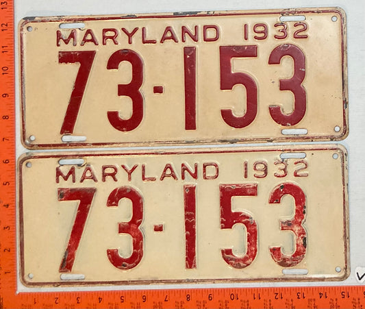 1932 Maryland #73-153 Passenger License Plate (Pair)