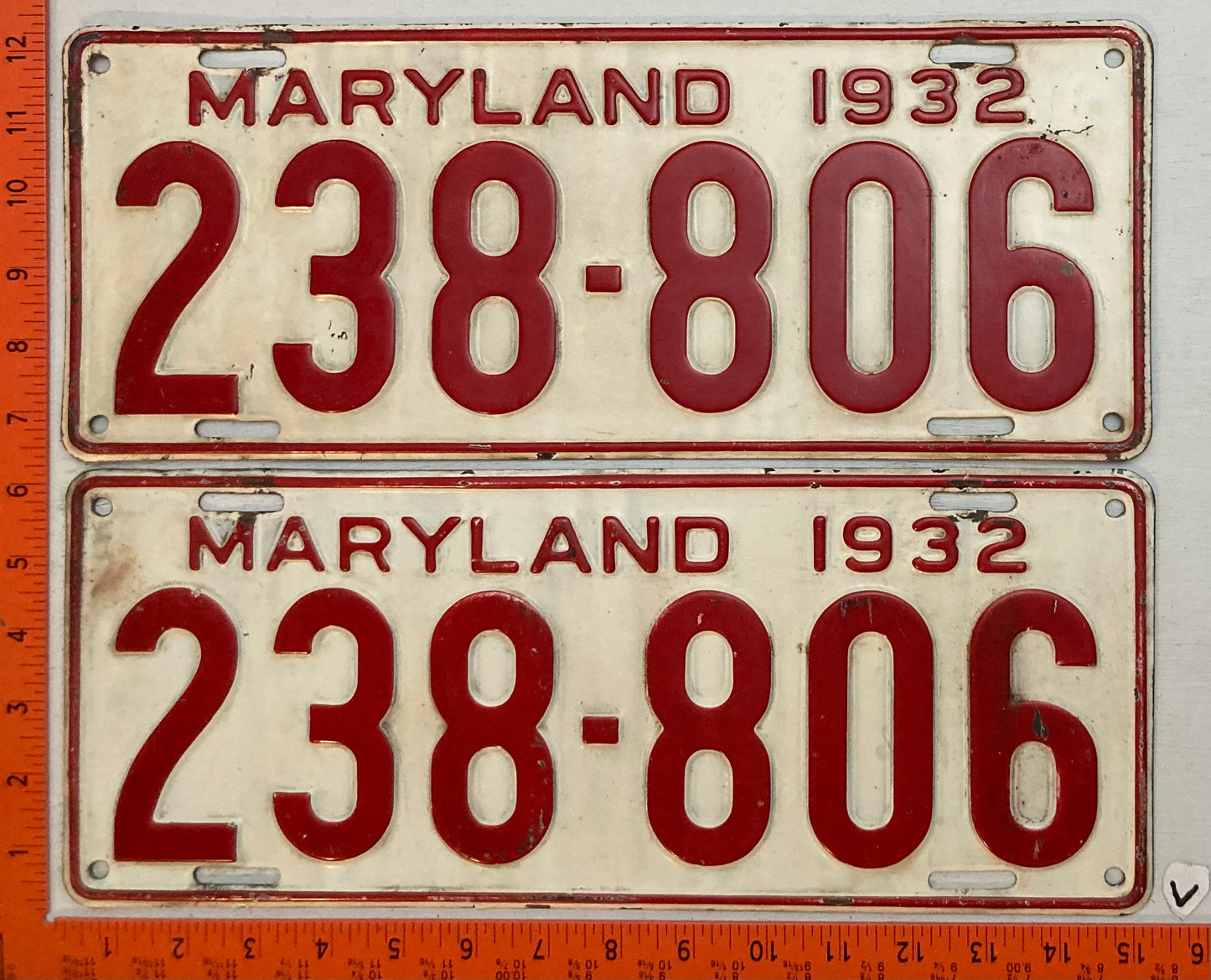 1932 Maryland #238-806 Passenger License Plate (Pair)
