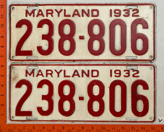1932 Maryland #238-806 Passenger License Plate (Pair)