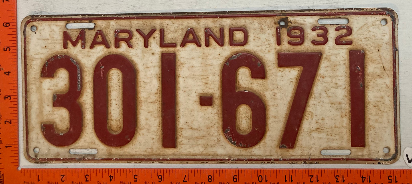 1932 Maryland #301-671 Passenger License Plate