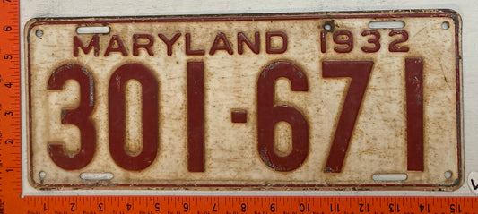 1932 Maryland #301-671 Passenger License Plate