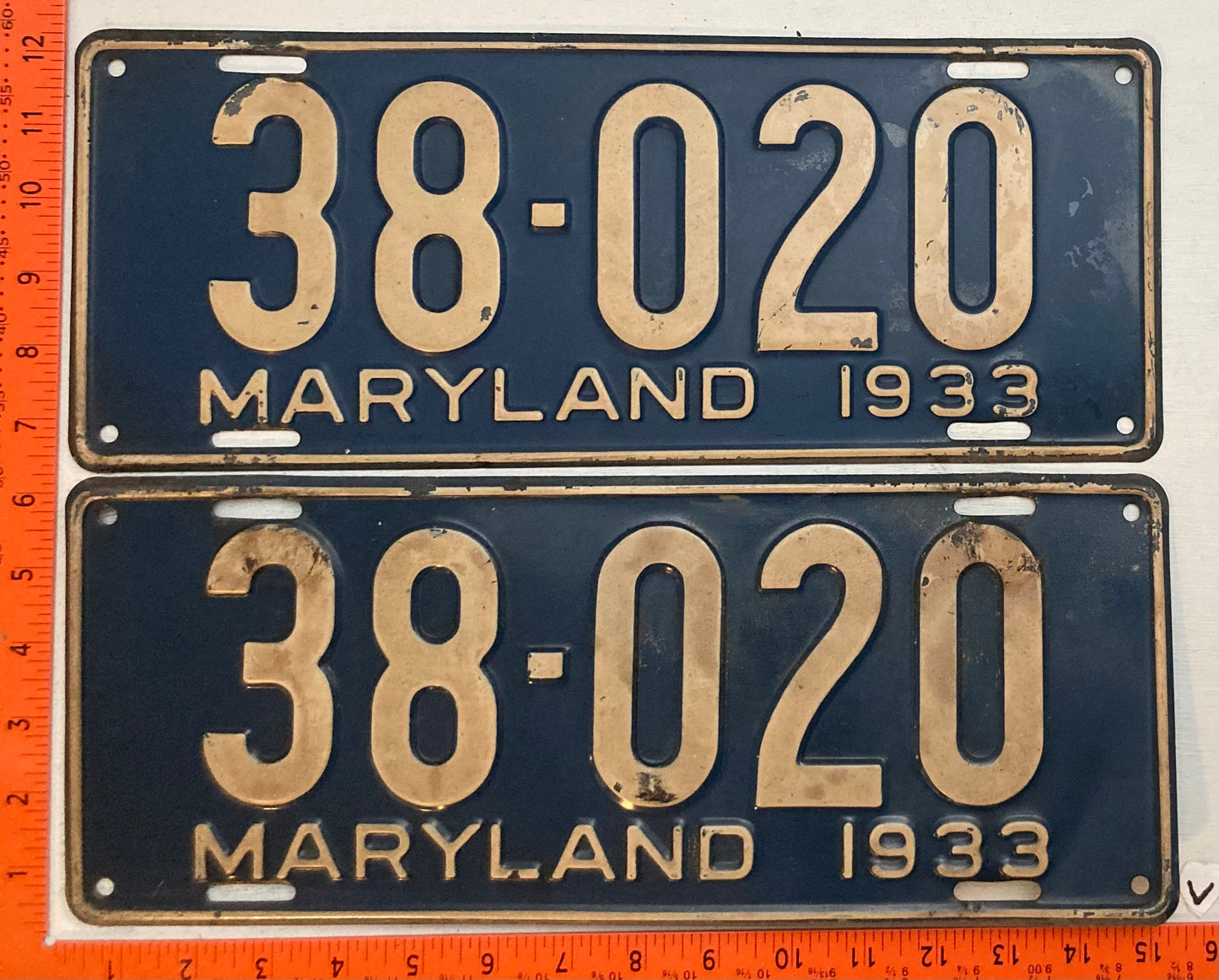 1933 Maryland #38-020 Passenger License Plate (Pair)
