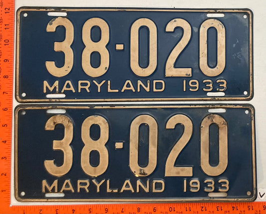 1933 Maryland #38-020 Passenger License Plate (Pair)